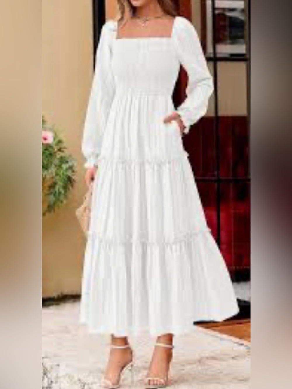 Pretty Garden Maxi Dress Size L White Smocked Long Sleeve Tiered Boho Wedding